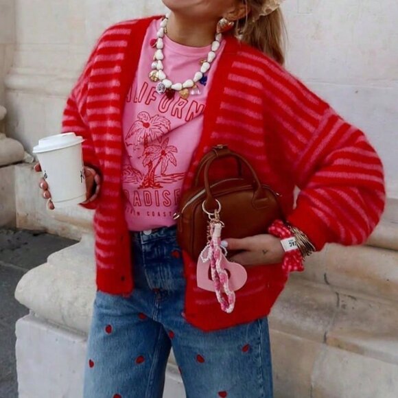 MODA ME COUTURE Sweaters - Red Casual Women's Striped Long Sleeve Cardigan